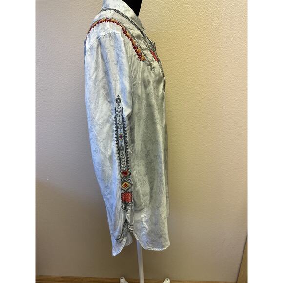 JW Los Angeles Nanoe Embroidered Silk Relaxed Tunic Small Collared South Western - Picture 7 of 12